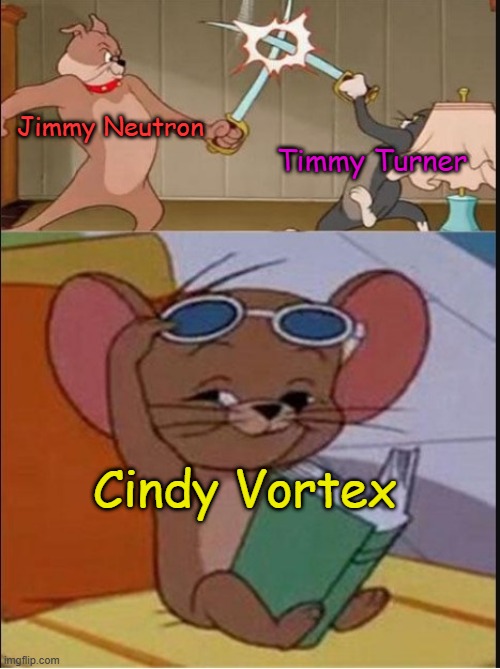 The Jimmy Timmy Power Hour in a nutshell. | Timmy Turner; Jimmy Neutron; Cindy Vortex | image tagged in tom and spike fighting,jimmy neutron,the fairly oddparents,nickelodeon,jimmy timmy power hour,fairly odd parents | made w/ Imgflip meme maker