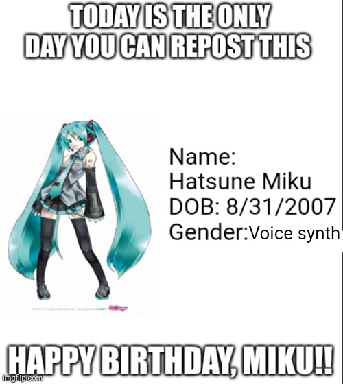 happy birthday Miku | Voice synth | image tagged in happy birthday miku | made w/ Imgflip meme maker