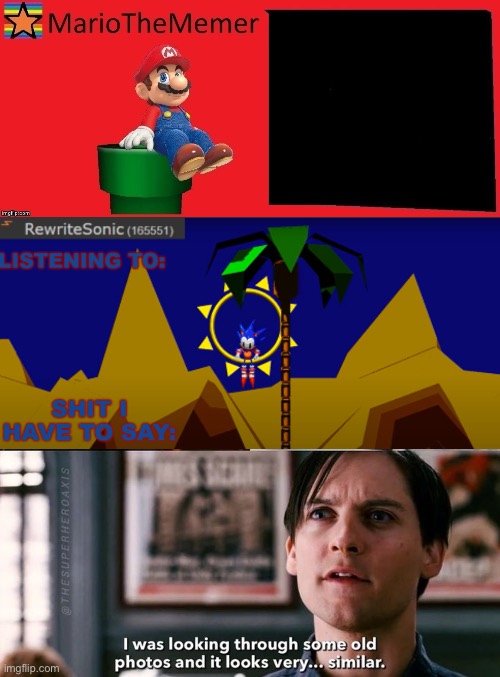 image tagged in mariothememer announcement template v1,new rewrite temp,spider-man looking through some old photos and it looks very sim | made w/ Imgflip meme maker