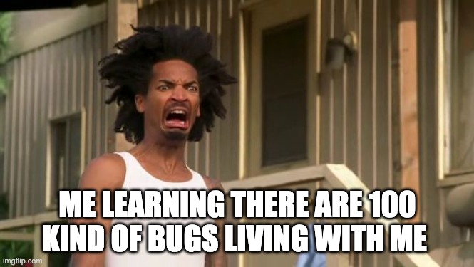 Gross | ME LEARNING THERE ARE 100 KIND OF BUGS LIVING WITH ME  | image tagged in gross | made w/ Imgflip meme maker