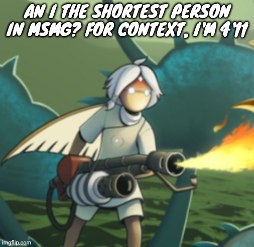Moth committing arson | AN I THE SHORTEST PERSON IN MSMG? FOR CONTEXT, I'M 4'11 | image tagged in moth committing arson | made w/ Imgflip meme maker