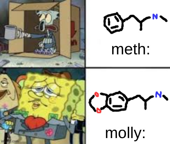 rappers glaze Molly like its not just meth with a benzodioxole | meth:; molly: | image tagged in poor squidward and fancy spongebob | made w/ Imgflip meme maker