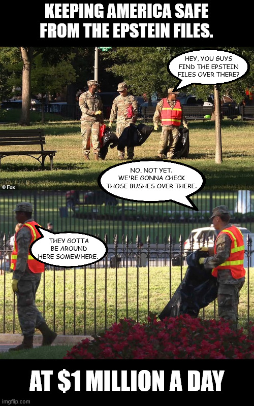 Trashional Guard | KEEPING AMERICA SAFE FROM THE EPSTEIN FILES. HEY, YOU GUYS FIND THE EPSTEIN FILES OVER THERE? NO, NOT YET. WE'RE GONNA CHECK THOSE BUSHES OVER THERE. THEY GOTTA BE AROUND HERE SOMEWHERE. AT $1 MILLION A DAY | image tagged in trashional guard | made w/ Imgflip meme maker