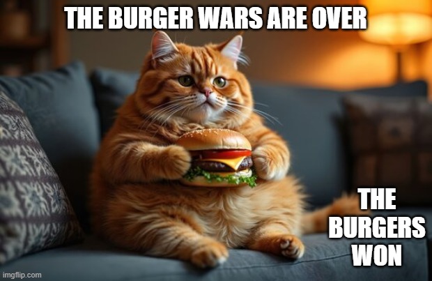 The burger wars are over. The burgers won.    - cats - | THE BURGER WARS ARE OVER; THE BURGERS WON | image tagged in cats,humor,kittens,funny,hamburgers | made w/ Imgflip meme maker