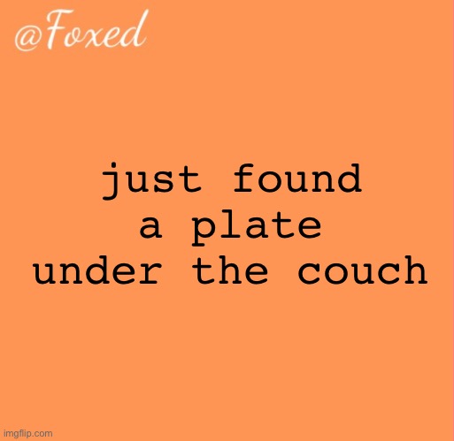foxed orange temp | just found a plate under the couch | image tagged in foxed orange temp | made w/ Imgflip meme maker
