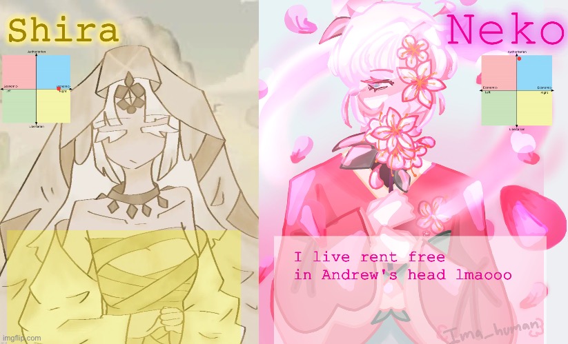 Neko and Shira shared temp | I live rent free in Andrew's head lmaooo | image tagged in neko and shira shared temp | made w/ Imgflip meme maker