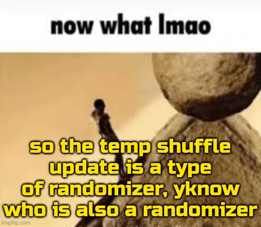 now what lmao | so the temp shuffle update is a type of randomizer, yknow who is also a randomizer | image tagged in now what lmao | made w/ Imgflip meme maker