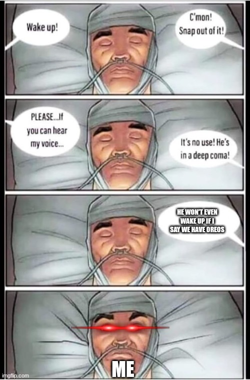 Coma | HE WON'T EVEN WAKE UP IF I SAY WE HAVE OREOS; ME | image tagged in coma | made w/ Imgflip meme maker