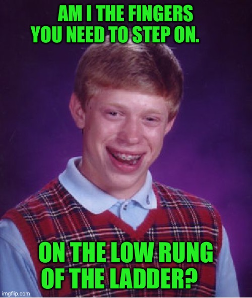 Bad Luck Brian | AM I THE FINGERS YOU NEED TO STEP ON. ON THE LOW RUNG OF THE LADDER? | image tagged in memes,bad luck brian | made w/ Imgflip meme maker