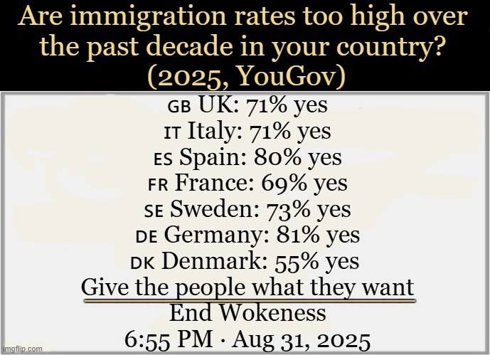Stop this nonsense, & replace with common sense... | Are immigration rates too high over 
the past decade in your country? 
(2025, YouGov); 🇬🇧 UK: 71% yes
🇮🇹 Italy: 71% yes
🇪🇸 Spain: 80% yes
🇫🇷 France: 69% yes
🇸🇪 Sweden: 73% yes
🇩🇪 Germany: 81% yes
🇩🇰 Denmark: 55% yes 

Give the people what they want
End Wokeness
6:55 PM · Aug 31, 2025; _____________________ | image tagged in illegal aliens,hold up wait a minute something aint right,invasion,stop it,people who don't know vs people who know,values | made w/ Imgflip meme maker