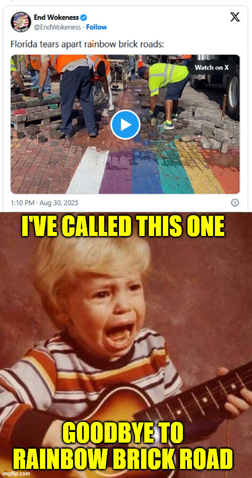 Goodbye to Rainbow Brick Road | I'VE CALLED THIS ONE; GOODBYE TO RAINBOW BRICK ROAD | image tagged in guitar crying kid | made w/ Imgflip meme maker