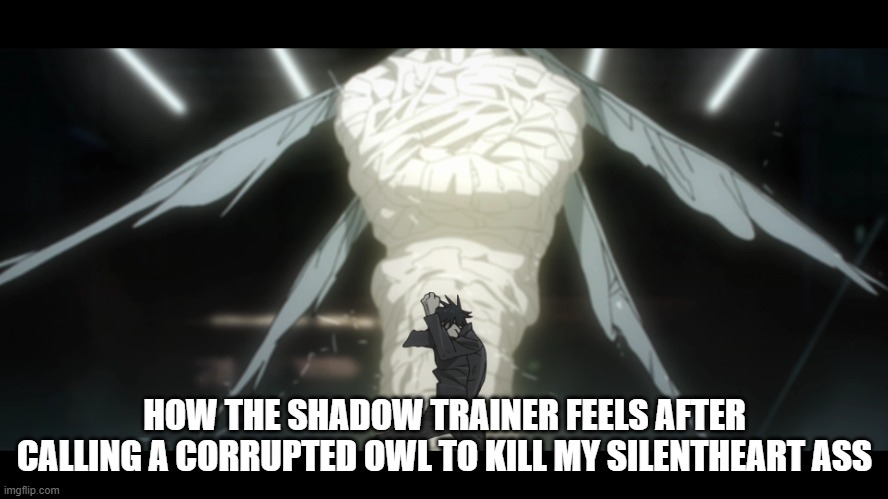 Silentheart Shenanigans | HOW THE SHADOW TRAINER FEELS AFTER CALLING A CORRUPTED OWL TO KILL MY SILENTHEART ASS | image tagged in mahoraga | made w/ Imgflip meme maker