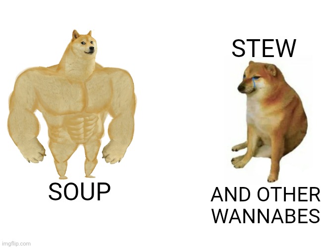 The one and only | STEW; SOUP; AND OTHER WANNABES | image tagged in memes,buff doge vs cheems,soup | made w/ Imgflip meme maker