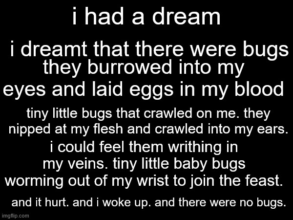 i had a dream; i dreamt that there were bugs; they burrowed into my eyes and laid eggs in my blood; tiny little bugs that crawled on me. they nipped at my flesh and crawled into my ears. i could feel them writhing in my veins. tiny little baby bugs worming out of my wrist to join the feast. and it hurt. and i woke up. and there were no bugs. | made w/ Imgflip meme maker