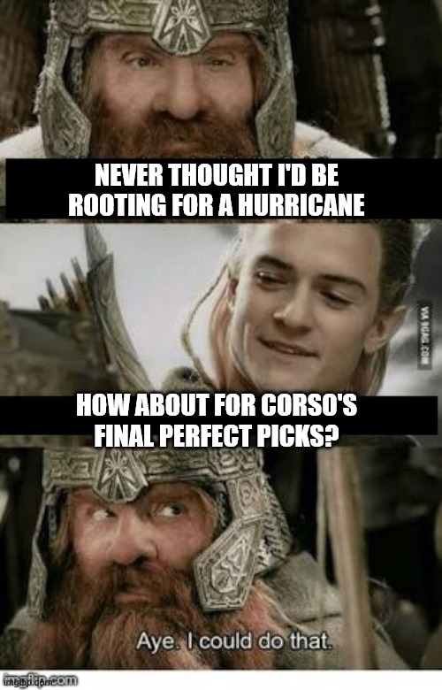 Gimli and Legolas blank | NEVER THOUGHT I'D BE ROOTING FOR A HURRICANE; HOW ABOUT FOR CORSO'S FINAL PERFECT PICKS? | image tagged in gimli and legolas blank | made w/ Imgflip meme maker