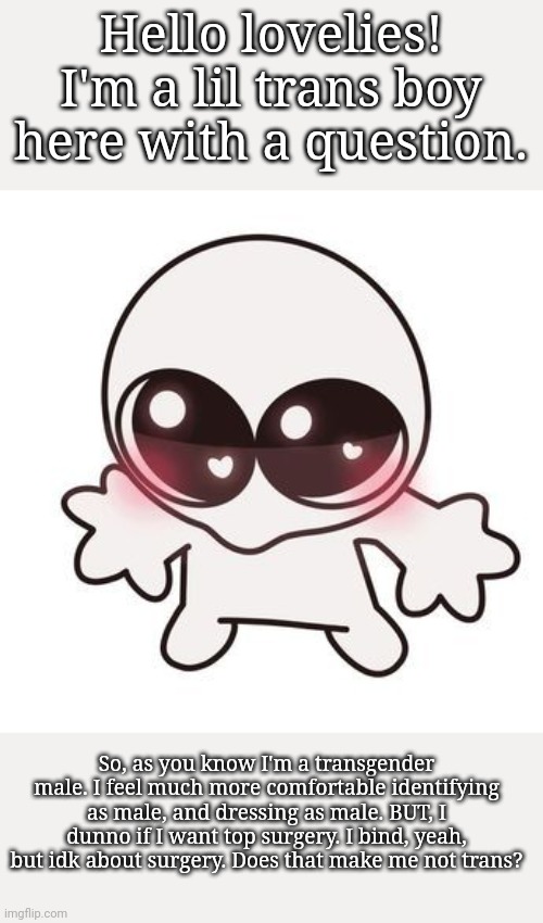 HELP! | Hello lovelies! I'm a lil trans boy here with a question. So, as you know I'm a transgender male. I feel much more comfortable identifying as male, and dressing as male. BUT, I dunno if I want top surgery. I bind, yeah, but idk about surgery. Does that make me not trans? | image tagged in trans,questions | made w/ Imgflip meme maker