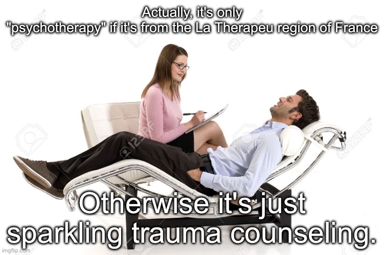 Psychotherapy be like | Actually, it's only
"psychotherapy" if it's from the La Therapeu region of France; Otherwise it's just sparkling trauma counseling. | image tagged in therapist,france,therapy,trauma,psychotherapy,twilight sparkle | made w/ Imgflip meme maker