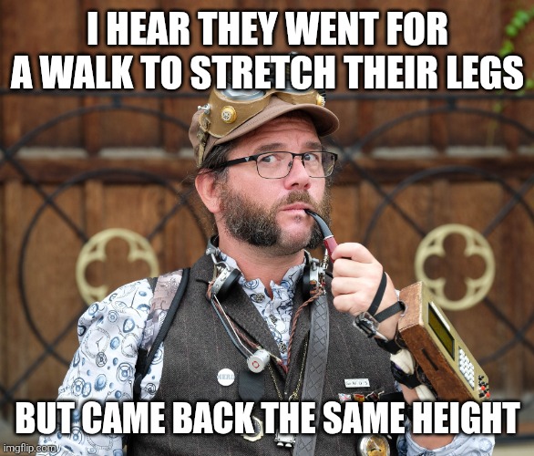 Steampunk and his observations | I HEAR THEY WENT FOR A WALK TO STRETCH THEIR LEGS; BUT CAME BACK THE SAME HEIGHT | image tagged in posh,steampunk,man,meme | made w/ Imgflip meme maker