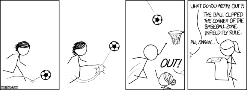"Shoot, it landed in the golf course. Gonna be hard to get it down the-oh, never mind, it rolled onto the ice hazard. Face-off!" | image tagged in soccer,basketball,baseball,golf,hockey,fusion | made w/ Imgflip meme maker