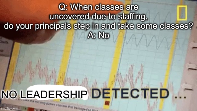 No lies detected | Q: When classes are uncovered due to staffing, do your principals step in and take some classes?
A: No; NO LEADERSHIP | image tagged in no lies detected | made w/ Imgflip meme maker