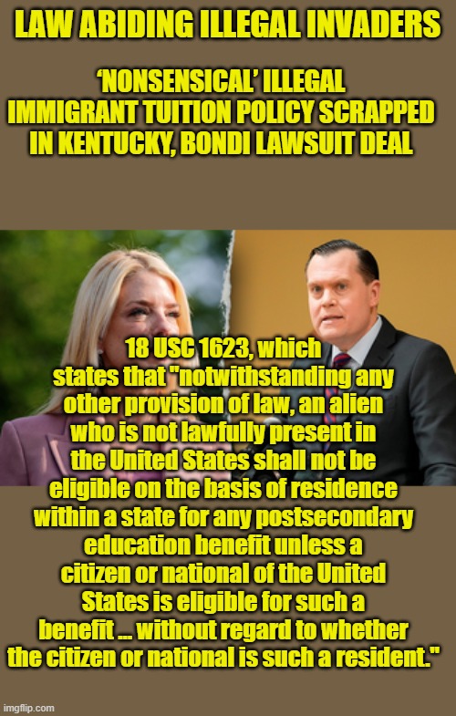 It's called enforcing US laws that are on the books. | LAW ABIDING ILLEGAL INVADERS; ‘NONSENSICAL’ ILLEGAL IMMIGRANT TUITION POLICY SCRAPPED IN KENTUCKY, BONDI LAWSUIT DEAL; 18 USC 1623, which states that "notwithstanding any other provision of law, an alien who is not lawfully present in the United States shall not be eligible on the basis of residence within a state for any postsecondary education benefit unless a citizen or national of the United States is eligible for such a benefit … without regard to whether the citizen or national is such a resident." | made w/ Imgflip meme maker