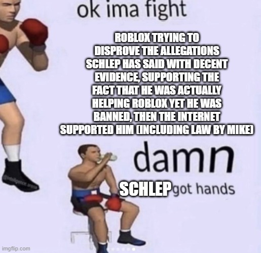 poor schlep | ROBLOX TRYING TO DISPROVE THE ALLEGATIONS SCHLEP HAS SAID WITH DECENT EVIDENCE, SUPPORTING THE FACT THAT HE WAS ACTUALLY HELPING ROBLOX YET HE WAS BANNED, THEN THE INTERNET SUPPORTED HIM (INCLUDING LAW BY MIKE); SCHLEP | image tagged in damn got hands,roblox | made w/ Imgflip meme maker