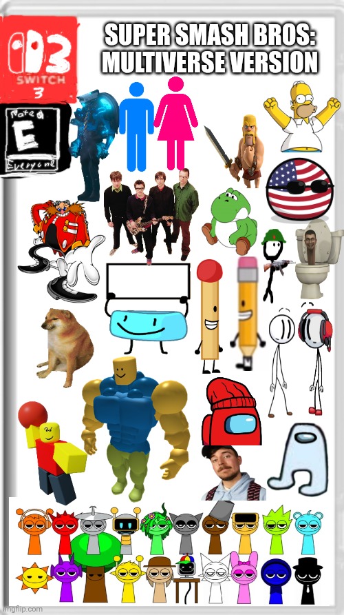 My meme with the most images yet | SUPER SMASH BROS: MULTIVERSE VERSION | image tagged in blank nintendo switch game cover | made w/ Imgflip meme maker