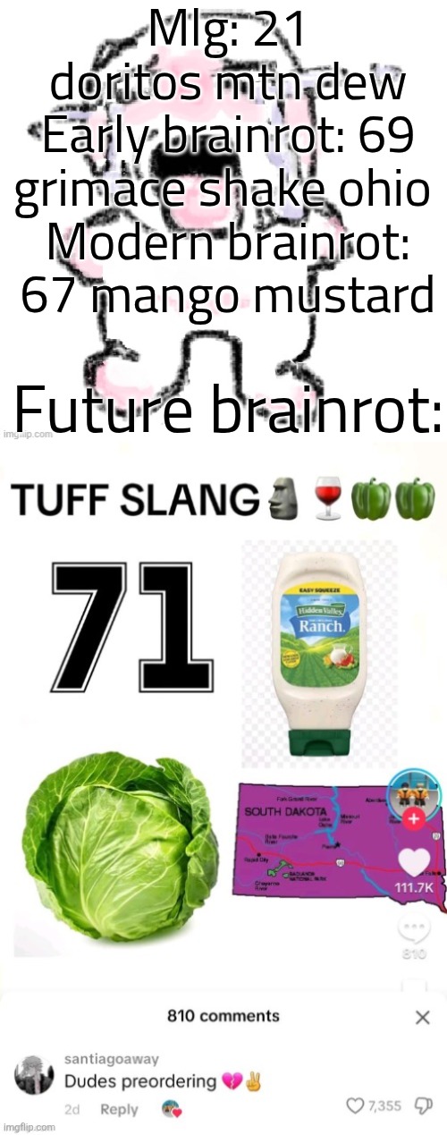 Mlg: 21 doritos mtn dew
Early brainrot: 69 grimace shake ohio 
Modern brainrot: 67 mango mustard; Future brainrot: | image tagged in f yuftyufyuu,7iygivuyvy78 | made w/ Imgflip meme maker