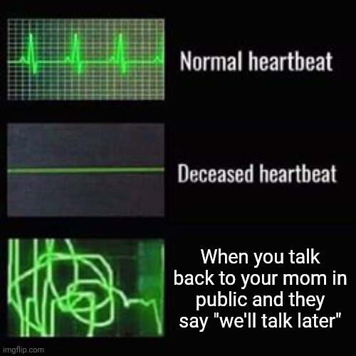 Im back guysss | When you talk back to your mom in public and they say "we'll talk later" | image tagged in heartbeat rate | made w/ Imgflip meme maker