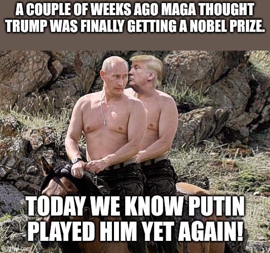 Played again | A COUPLE OF WEEKS AGO MAGA THOUGHT TRUMP WAS FINALLY GETTING A NOBEL PRIZE. TODAY WE KNOW PUTIN PLAYED HIM YET AGAIN! | image tagged in donald trump,trump,maga,conservative,russo-ukrainian war,putin | made w/ Imgflip meme maker