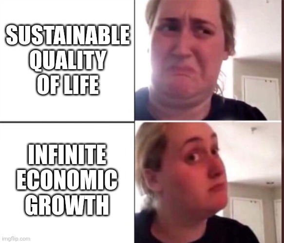 Name that ism! | SUSTAINABLE QUALITY OF LIFE; INFINITE ECONOMIC GROWTH | image tagged in kombucha girl,capitalism,growth,economics,road construction | made w/ Imgflip meme maker