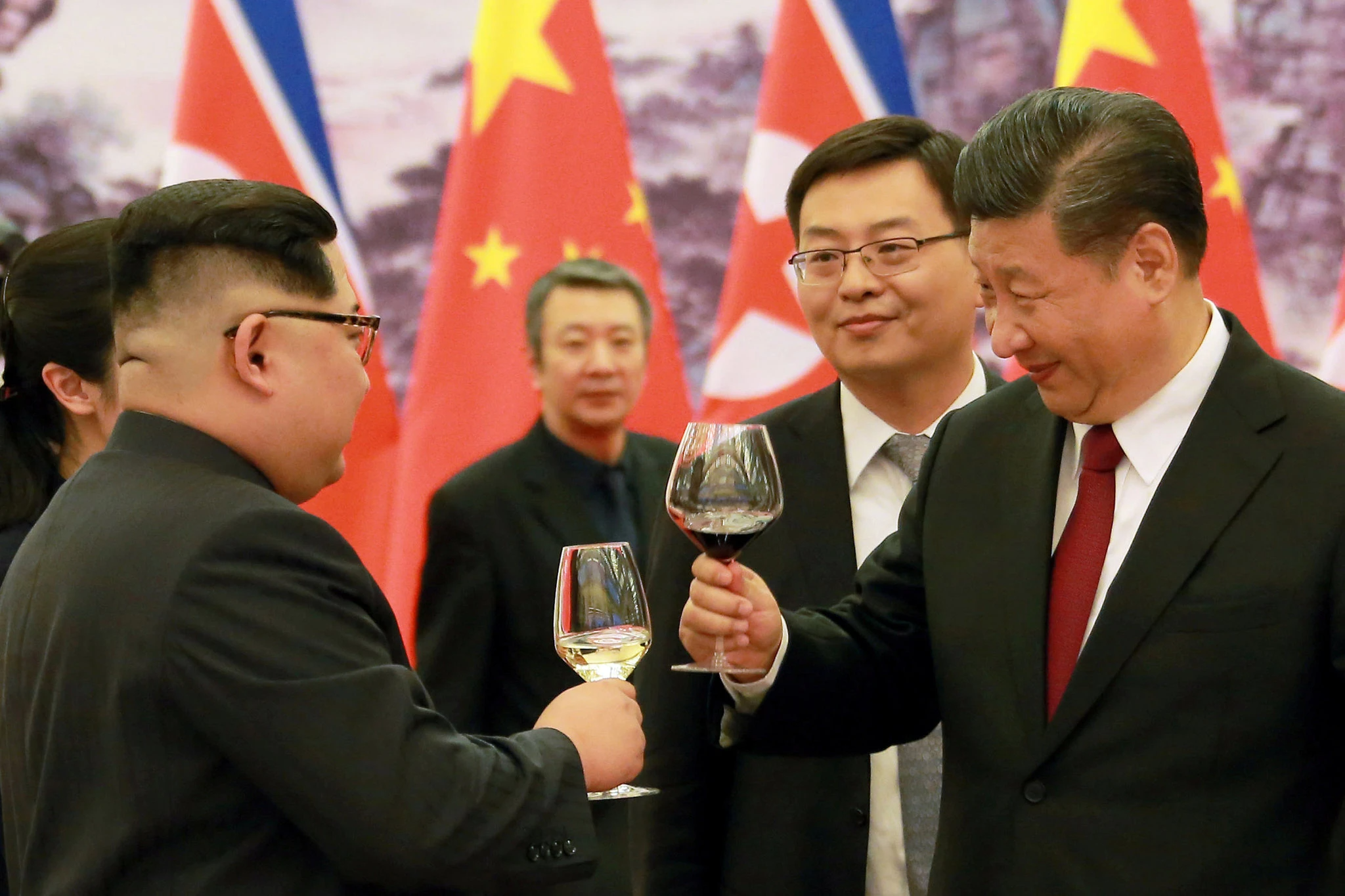 Kim Jong Un and Xi Jinping laughing at Donald Trump Blank Meme Template