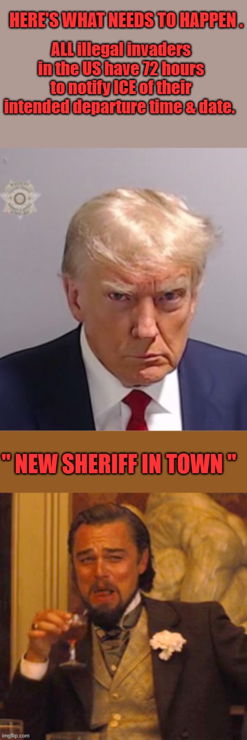 GO GET OUT NOW before your time is up. | ALL illegal invaders in the US have 72 hours to notify ICE of their intended departure time & date. HERE'S WHAT NEEDS TO HAPPEN . " NEW SHERIFF IN TOWN " | image tagged in donald trump mugshot,memes,laughing leo | made w/ Imgflip meme maker