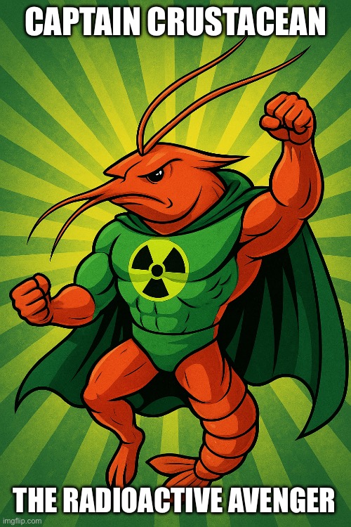 Superhero shrimp | CAPTAIN CRUSTACEAN; THE RADIOACTIVE AVENGER | image tagged in shrimp | made w/ Imgflip meme maker