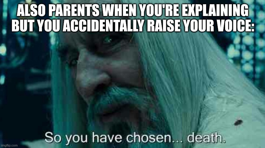 So you have chosen death | ALSO PARENTS WHEN YOU'RE EXPLAINING BUT YOU ACCIDENTALLY RAISE YOUR VOICE: | image tagged in so you have chosen death | made w/ Imgflip meme maker