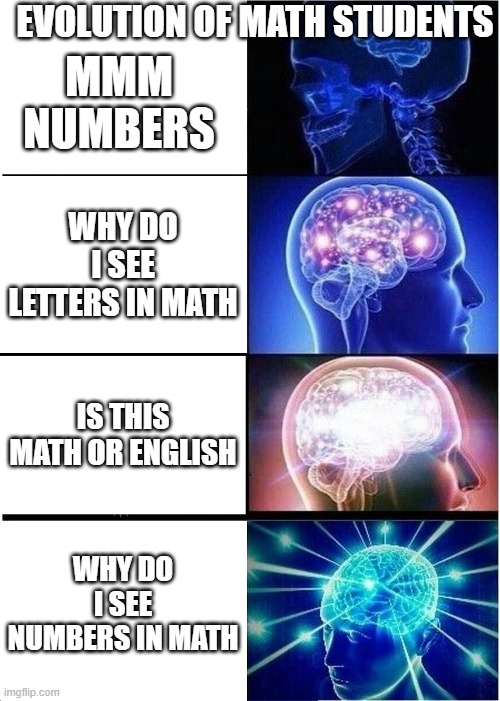 Expanding Brain Meme | EVOLUTION OF MATH STUDENTS; MMM NUMBERS; WHY DO I SEE LETTERS IN MATH; IS THIS MATH OR ENGLISH; WHY DO I SEE NUMBERS IN MATH | image tagged in memes,expanding brain | made w/ Imgflip meme maker