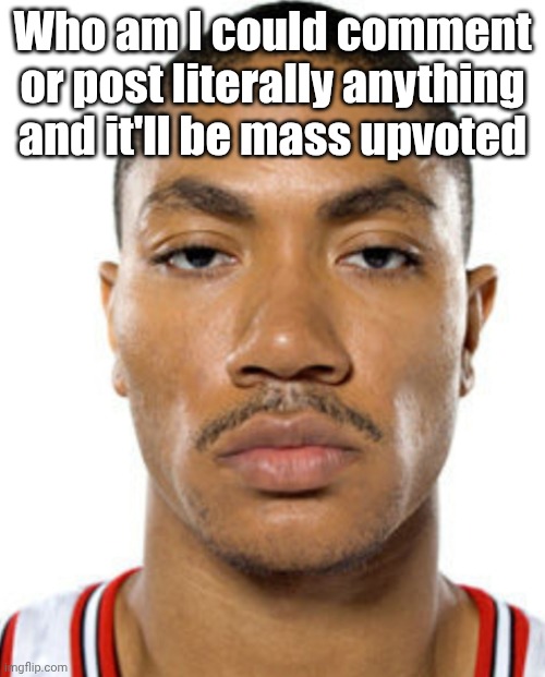 Derrick Rose Straight Face | Who am I could comment or post literally anything and it'll be mass upvoted | image tagged in derrick rose straight face | made w/ Imgflip meme maker