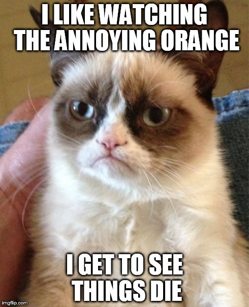 Grumpy Cat | I LIKE WATCHING THE ANNOYING ORANGE I GET TO SEE THINGS DIE | image tagged in memes,grumpy cat | made w/ Imgflip meme maker