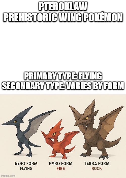 new fakemon | PTEROKLAW
PREHISTORIC WING POKÉMON; PRIMARY TYPE: FLYING
SECONDARY TYPE: VARIES BY FORM | image tagged in pokemon,fakemon | made w/ Imgflip meme maker