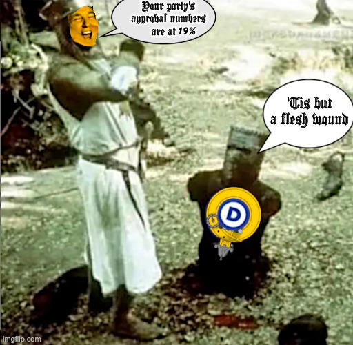 Only 7 Months In, and Already Deranged, Delirious, Demented and Defeated | Your party's approval numbers
are at; 19%; 'Tis but a flesh wound | image tagged in mamdani,schumer,aoc,the squad | made w/ Imgflip meme maker