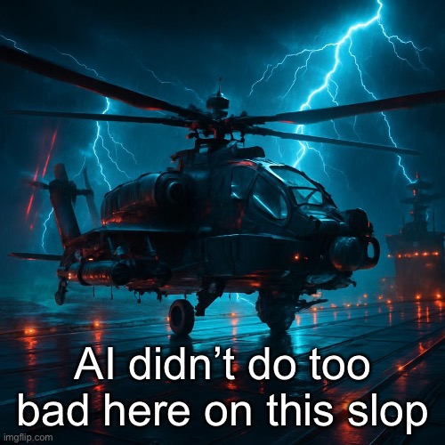 Prompt was; “Cool attack helicopter landing on carrier during lightning storm” | AI didn’t do too bad here on this slop | made w/ Imgflip meme maker