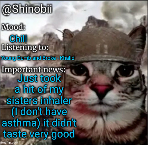 maybe if it was bacon Mac and cheese flavor | Chill; Young Dumb and Broke - Khalid; Just took a hit of my sisters inhaler (I don't have asthma) it didn't taste very good | image tagged in shinobii announcement temp 1,vape,inhaler | made w/ Imgflip meme maker
