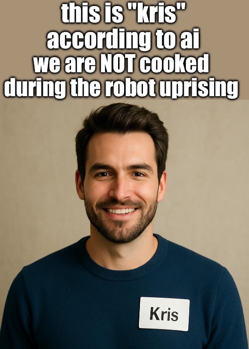 they even got the gender wrong bruh | this is "kris" according to ai; we are NOT cooked during the robot uprising | made w/ Imgflip meme maker
