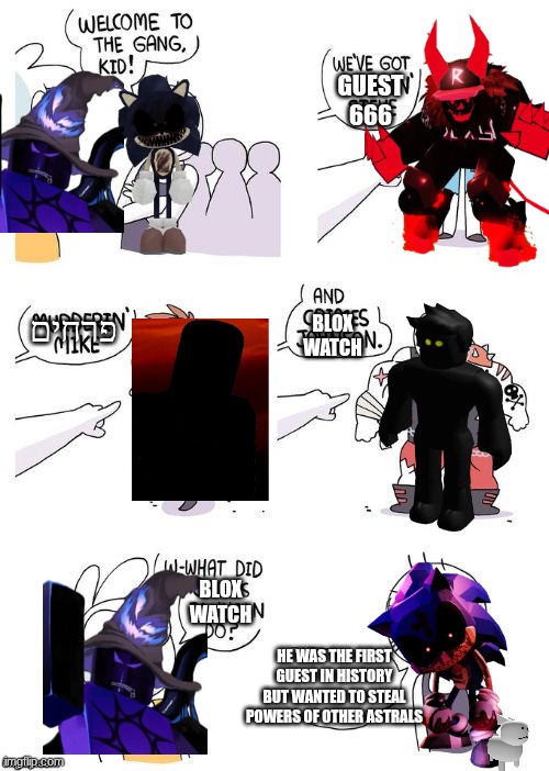 We don't talk about Blox Watch | GUEST 666; BLOX WATCH; פרחים; BLOX WATCH; HE WAS THE FIRST GUEST IN HISTORY BUT WANTED TO STEAL POWERS OF OTHER ASTRALS | image tagged in crimes johnson,forsaken,roblox | made w/ Imgflip meme maker
