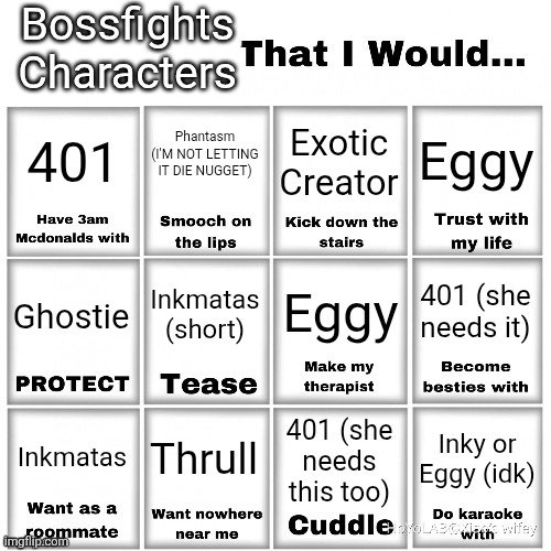 oooo oooo ahh ahh me monky | Bossfights Characters; 401; Eggy; Phantasm (I'M NOT LETTING IT DIE NUGGET); Exotic Creator; Inkmatas (short); Eggy; 401 (she needs it); Ghostie; Thrull; Inky or Eggy (idk); 401 (she needs this too); Inkmatas | image tagged in users that i would chart | made w/ Imgflip meme maker