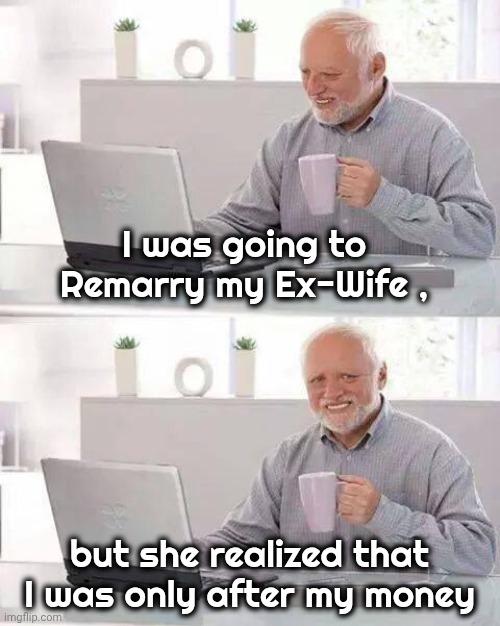 Gold Digger | I was going to Remarry my Ex-Wife , but she realized that I was only after my money | image tagged in memes,hide the pain harold,marriage,sacred bond,well yes but actually no,sue | made w/ Imgflip meme maker