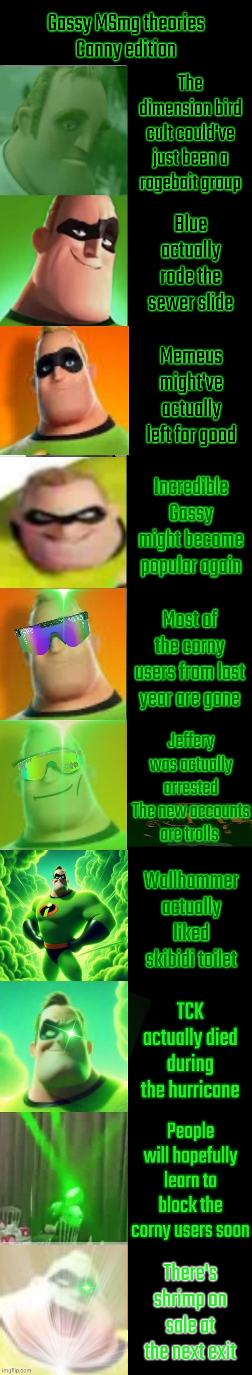 Incredible gassy becoming canny | Gassy MSmg theories
Canny edition; The dimension bird cult could've just been a ragebait group; Blue actually rode the sewer slide; Memeus might've actually left for good; Incredible Gassy might become popular again; Most of the corny users from last year are gone; Jeffery was actually arrested
The new accounts are trolls; Wallhammer actually liked skibidi toilet; TCK actually died during the hurricane; People will hopefully learn to block the corny users soon; There's shrimp on sale at the next exit | image tagged in incredible gassy becoming canny,incredible gassy | made w/ Imgflip meme maker