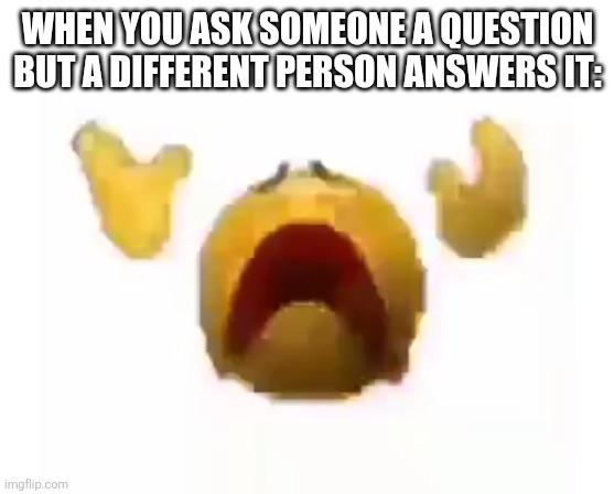 Sobbing | WHEN YOU ASK SOMEONE A QUESTION BUT A DIFFERENT PERSON ANSWERS IT: | image tagged in sobbing | made w/ Imgflip meme maker