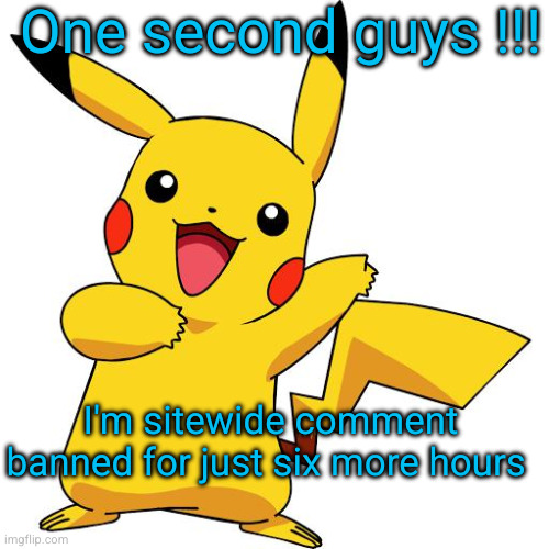 hang tight | One second guys !!! I'm sitewide comment banned for just six more hours | image tagged in pikachu,comment banned,ban,sad | made w/ Imgflip meme maker