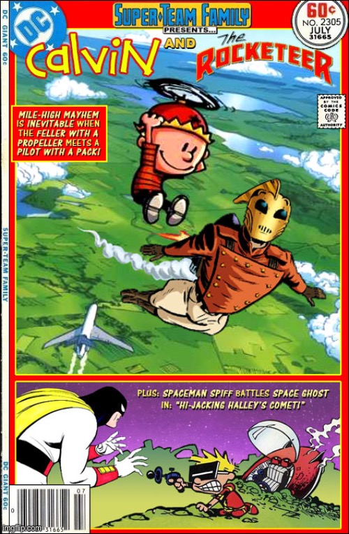 Calvin teams up with The Rocketeer  and Spaceman Spiff meets Space Ghost… | image tagged in calvin and hobbes,comics,the rocketeer,space ghost,crossover | made w/ Imgflip meme maker
